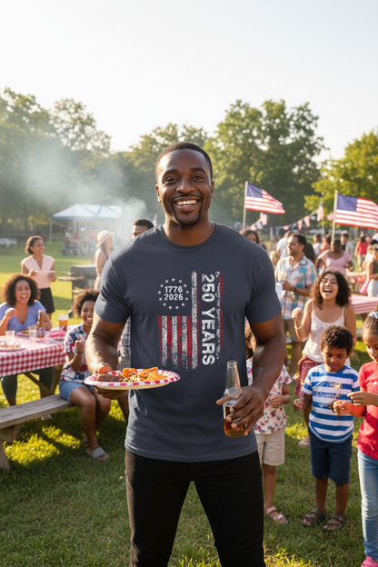 Black male model in vertical flag 250 Years t-shirt at Fourth of July barbecue