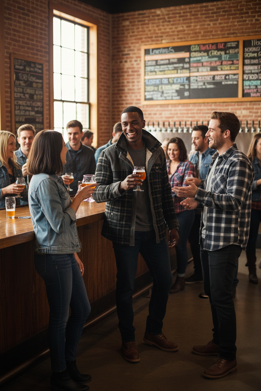 Black man at brewery taproom wearing plaid fleece jacket