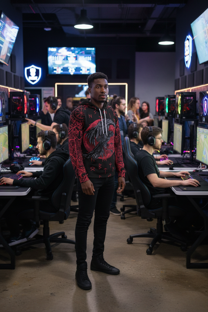 Black man at gaming lounge wearing Viking tattoo anime game hoodie