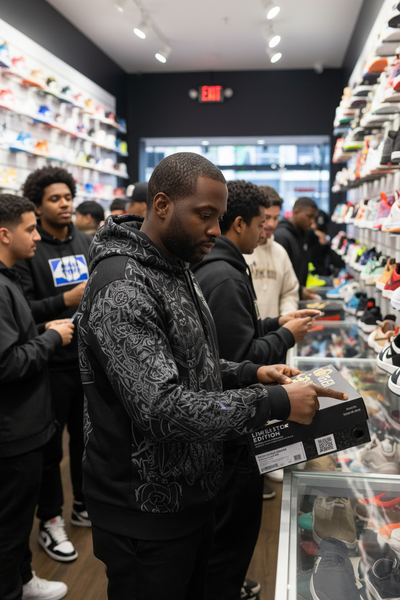 Black man at sneaker boutique wearing Viking tattoo anime game hoodie closer shot