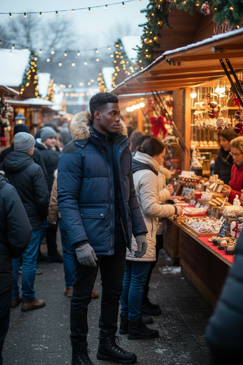 Black man at winter market wearing fur hooded parka