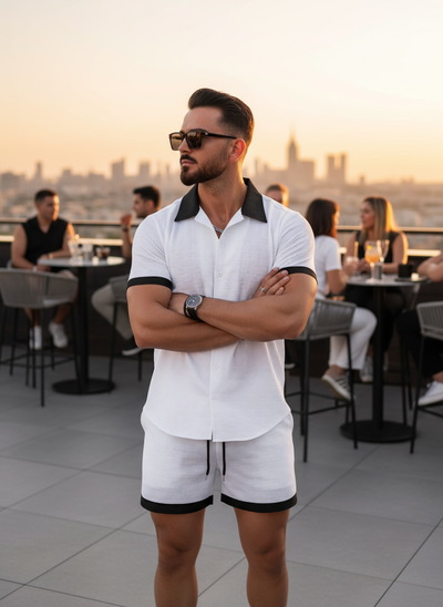 Black men's set with white trim - arms crossed