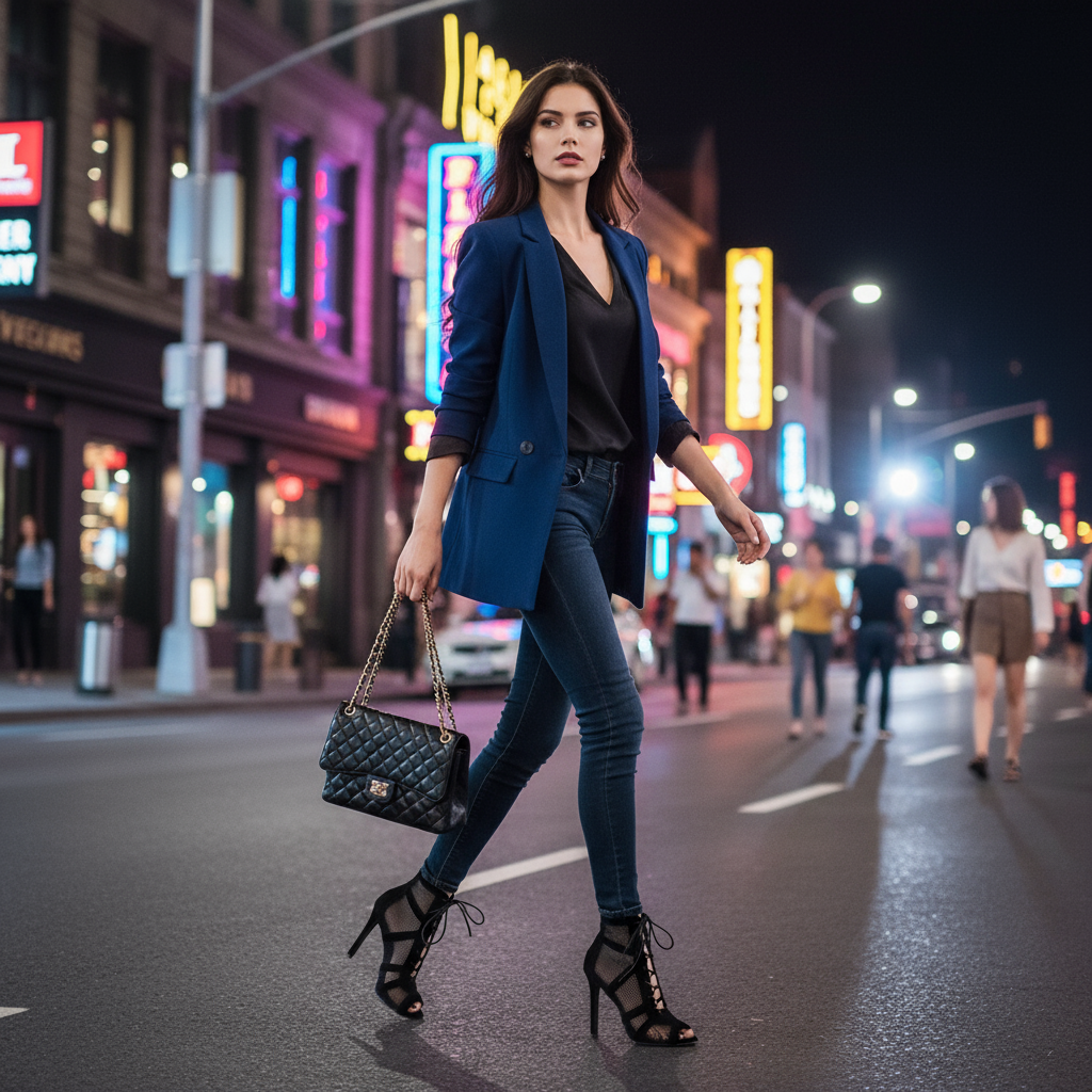 Black mesh lace-up heels on city street