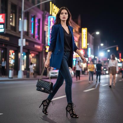 Black mesh lace-up heels on city street
