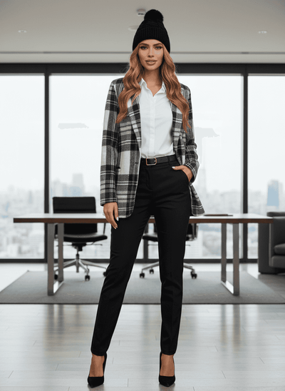 Plaid Blazer - Single-Button Office Jacket - Fashions Envy