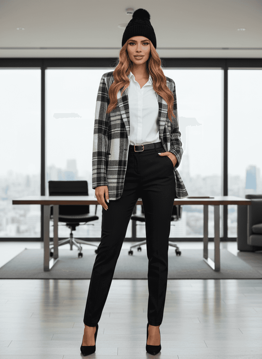 Plaid Blazer - Single-Button Office Jacket - Fashions Envy