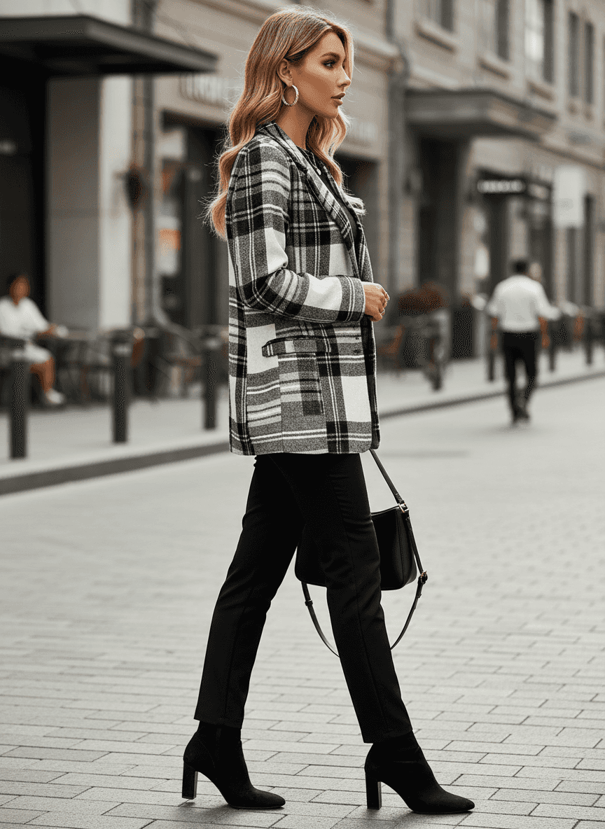 Black plaid blazer side profile on street