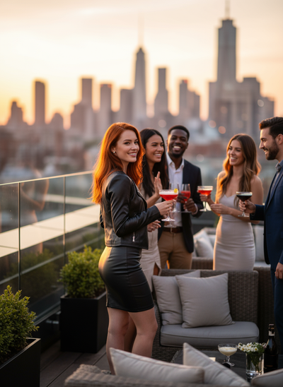 Black - Redhead at rooftop bar sunset