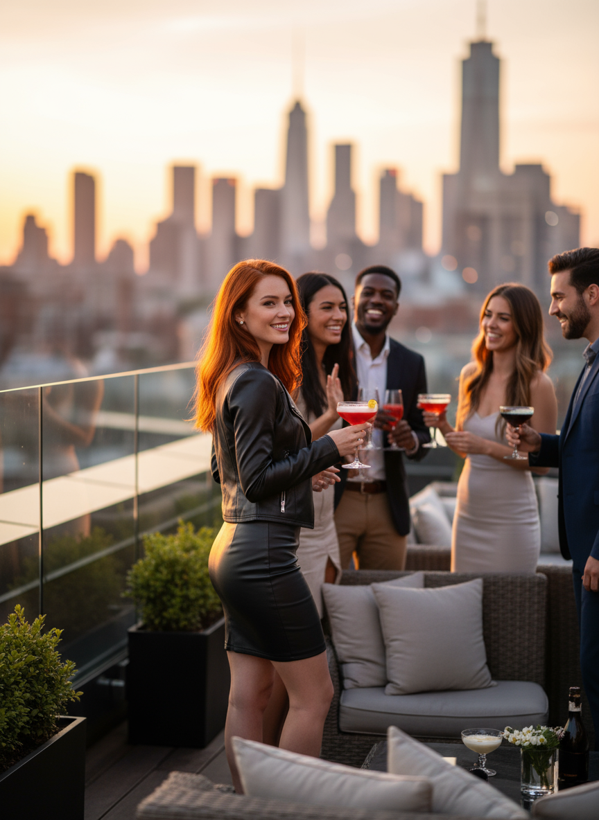 Black - Redhead at rooftop bar sunset