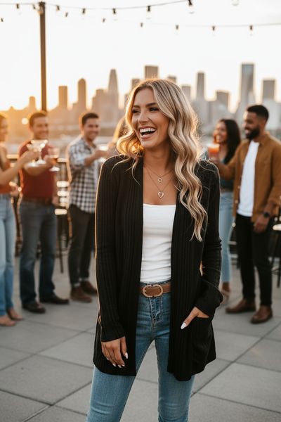 Black ribbed cardigan - blonde at rooftop bar