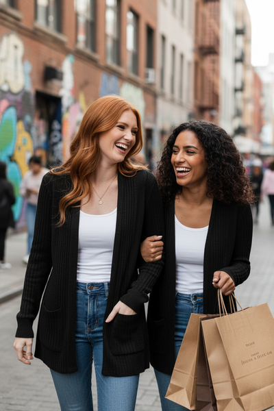 Black ribbed cardigan - redhead urban street