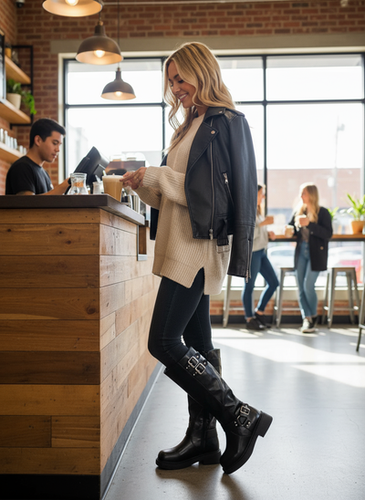 Black round toe block heel boots - coffee shop lifestyle scene