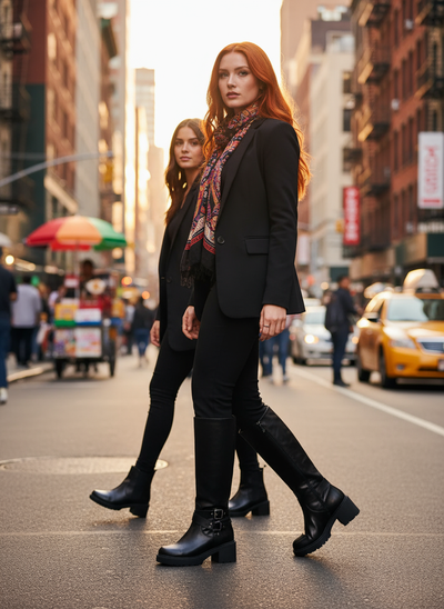 Black round toe block heel boots - urban street lifestyle scene