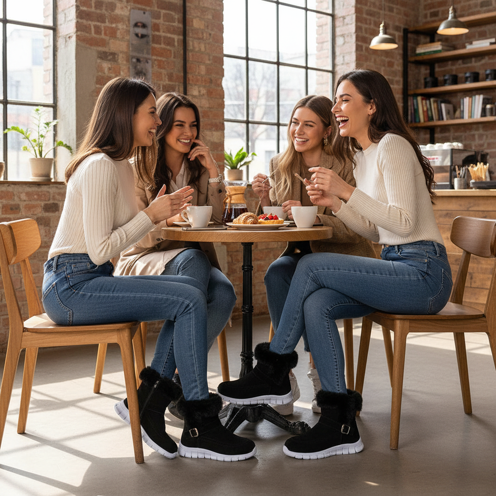 Black round toe platform buckle boots coffee shop friends lifestyle