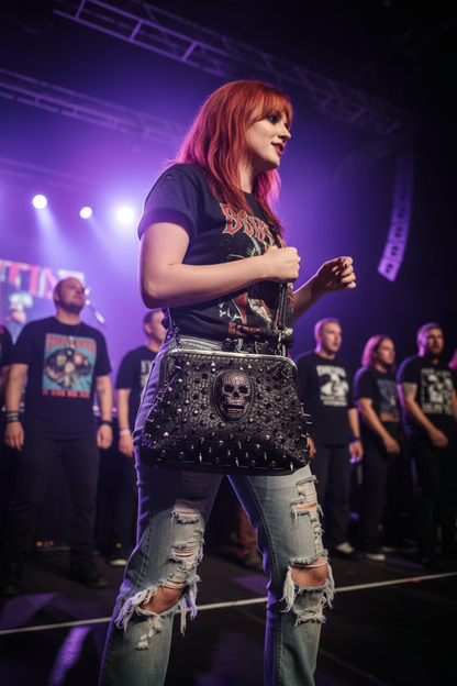 Black skull studded shoulder bag at rock concert