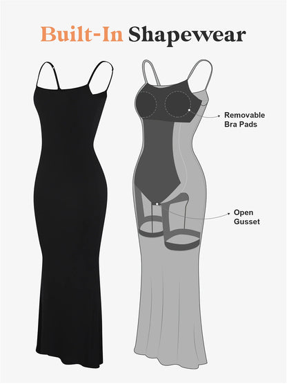 Black sleeveless bodycon dress for women with built-in shapewear featuring removable bra pads and open gusset