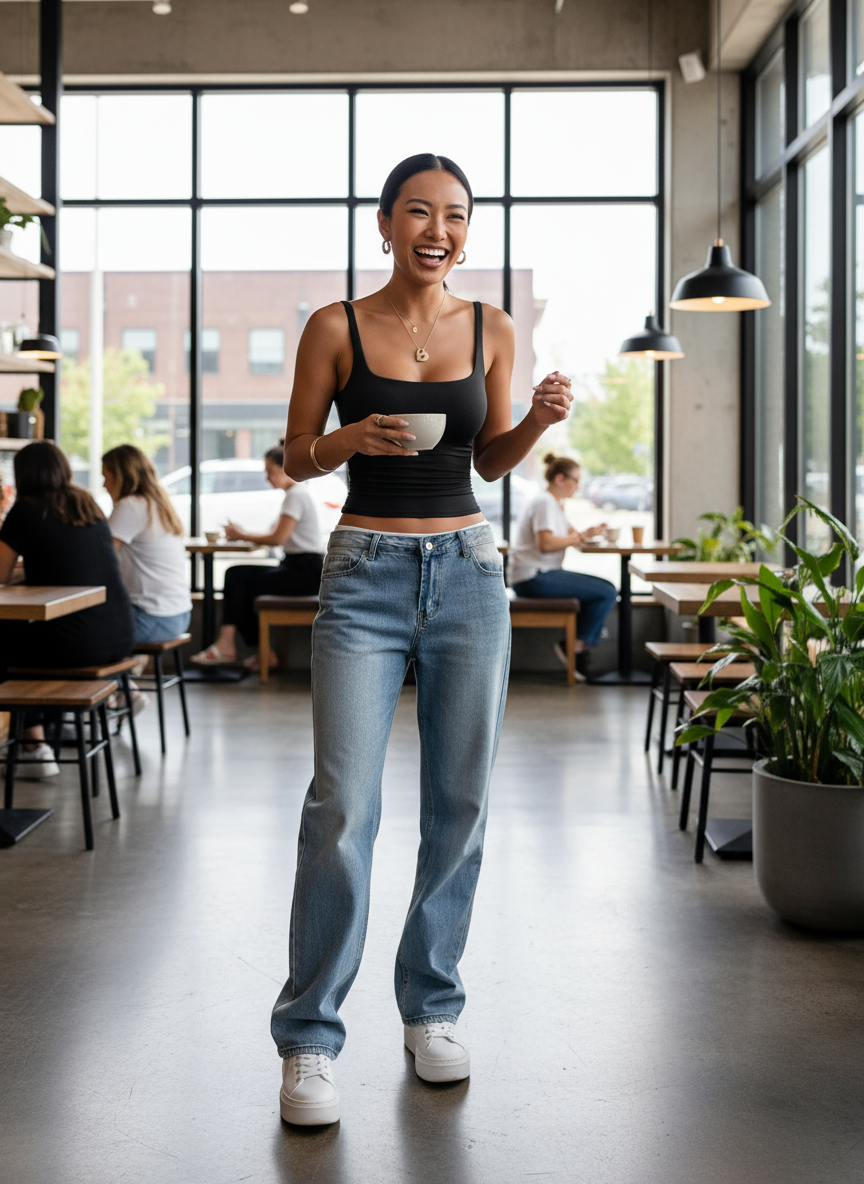 Black square neck tank coffee shop lifestyle