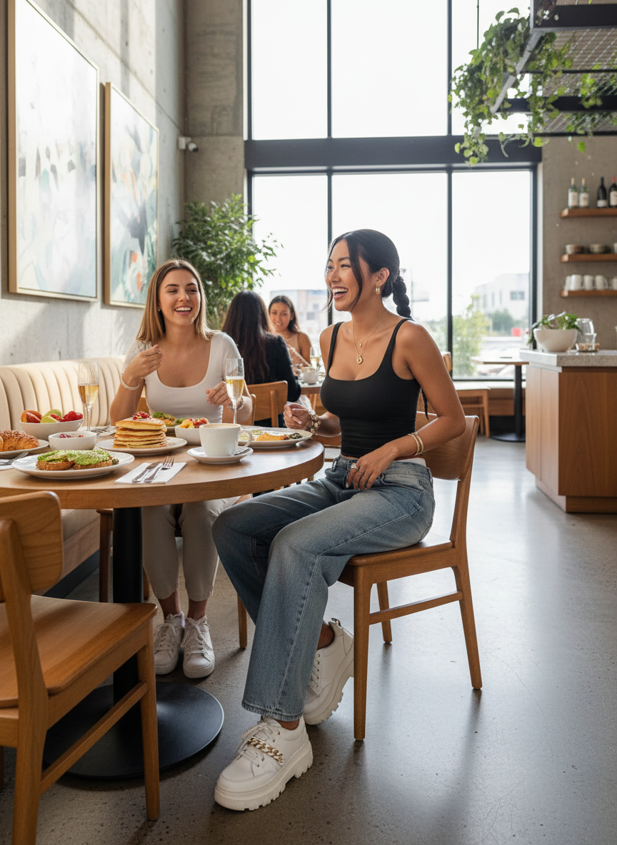 Black square neck tank restaurant brunch lifestyle