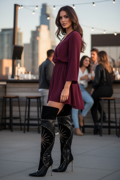 Black studded over-the-knee boots - brunette at rooftop bar
