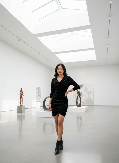 Black velvet cowl neck bodycon dress art gallery lifestyle