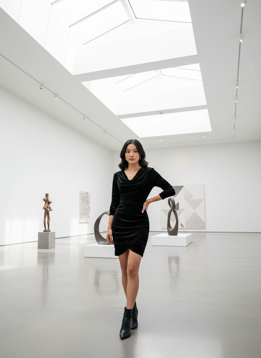 Black velvet cowl neck bodycon dress art gallery lifestyle