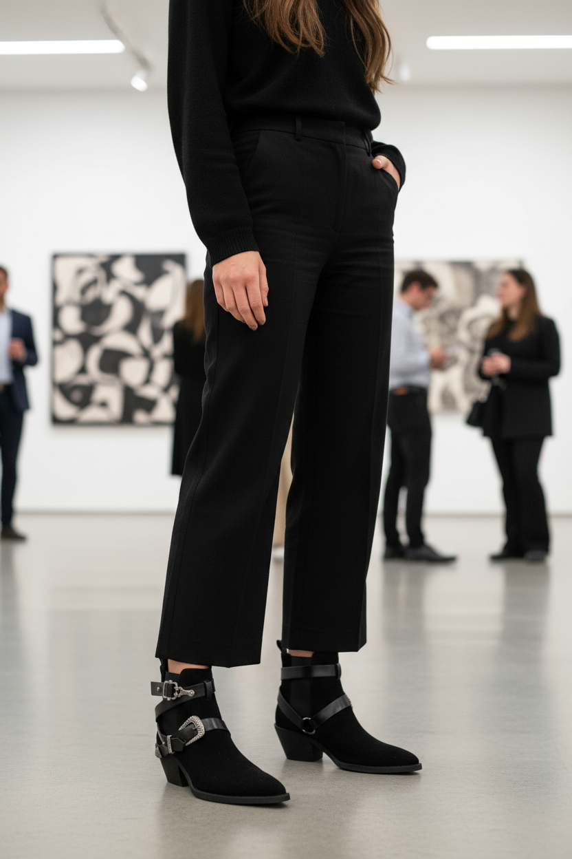 Black western ankle boots at art gallery