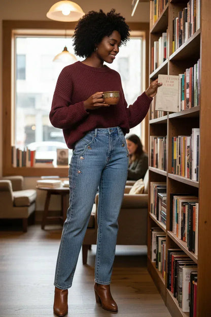 High Rise Dad Jeans - Scallop Pocket Relaxed Fit - Fashions Envy