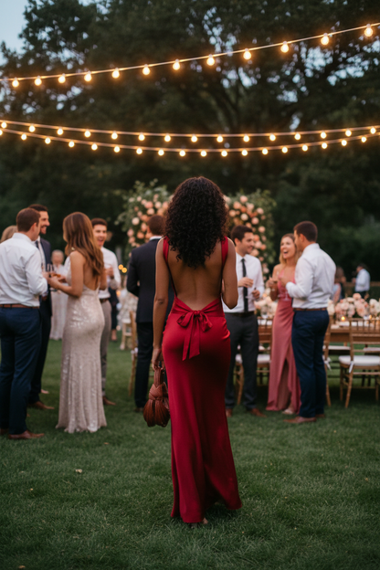 Black woman showing back of backless maxi dress at wedding reception