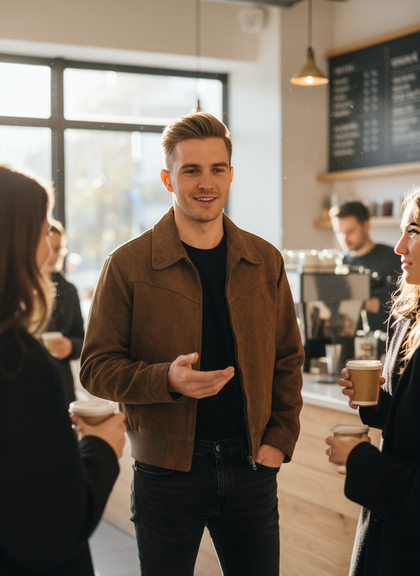 Black zip-up jacket clean front - coffee shop lifestyle scene