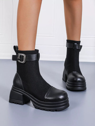 Trendsi Block Heel Ankle Boots in Black with Buckle Detail and Stretch Fabric for Stylish Comfort