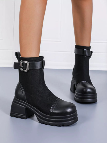 Trendsi Block Heel Ankle Boots in Black with Buckle Detail and Stretch Fabric for Stylish Comfort