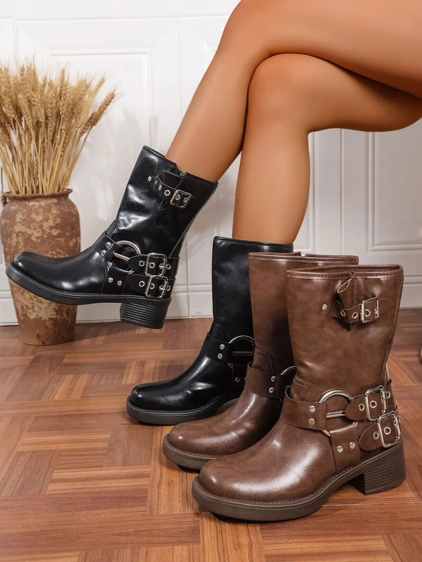 Trendsi Block Heel Biker Boots in black and brown with buckle details and chunky heels