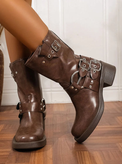 Trendsi brown leather Block Heel Biker Boots with silver buckles and stud detailing