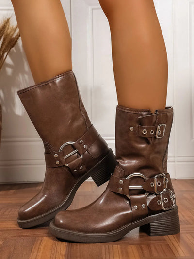 Trendsi brown leather Block Heel Biker Boots with buckle straps and low chunky heel