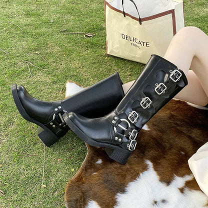 Round Toe Block Heel Boots - Classic Mid Heel PU Leather Boots - Fashions Envy