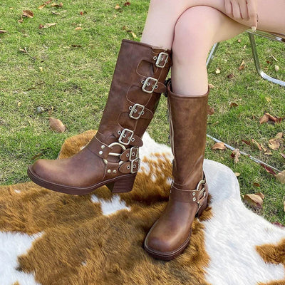 Round Toe Block Heel Boots - Classic Mid Heel PU Leather Boots - Fashions Envy