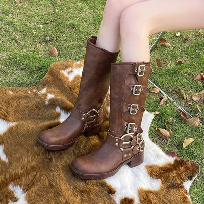 Round Toe Block Heel Boots - Classic Mid Heel PU Leather Boots - Fashions Envy