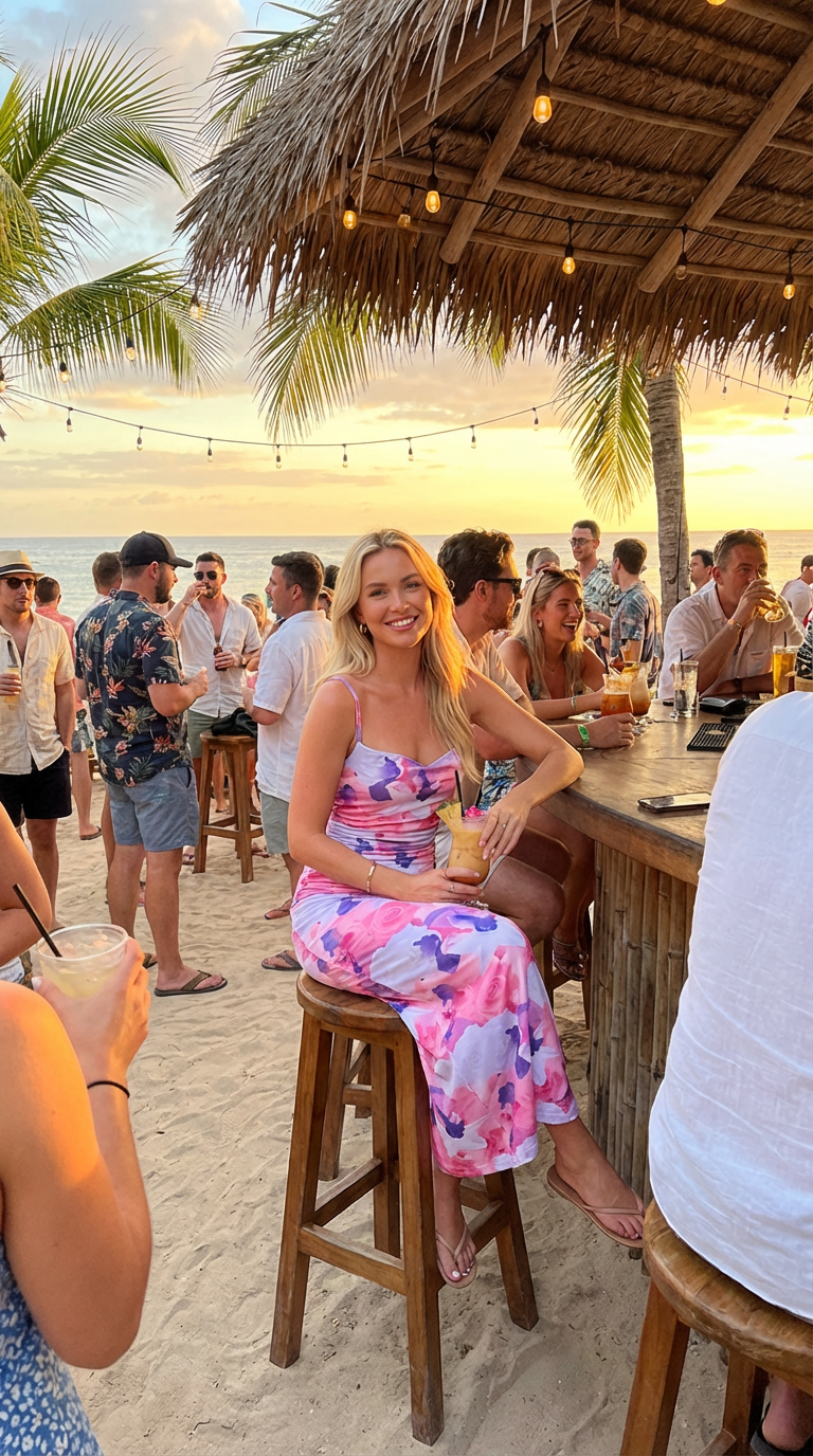 Woman in a colorful dress sitting at a beach bar with sunset and palm trees in the background.