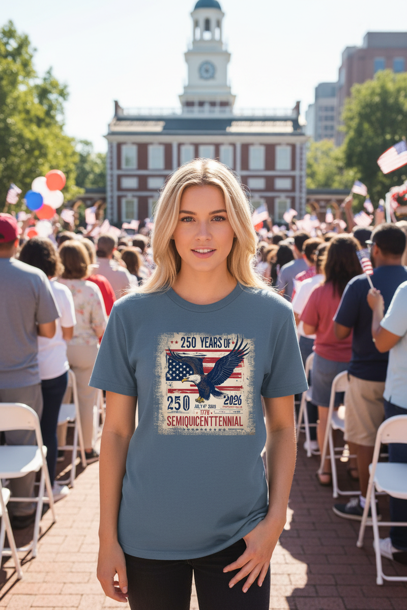 Blonde model in 250 Year Semiquincentennial t-shirt at Independence Hall