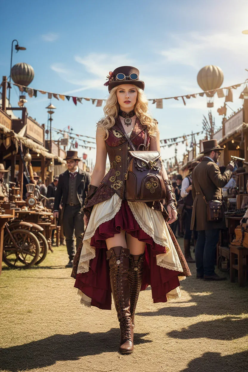 Blonde model with steampunk owl design crossbody bag at steampunk festival