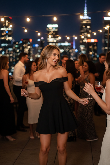 Blonde woman at rooftop party wearing off-shoulder mini dress