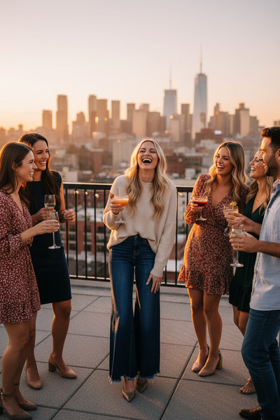 Blonde woman at rooftop party with dark wash jeans