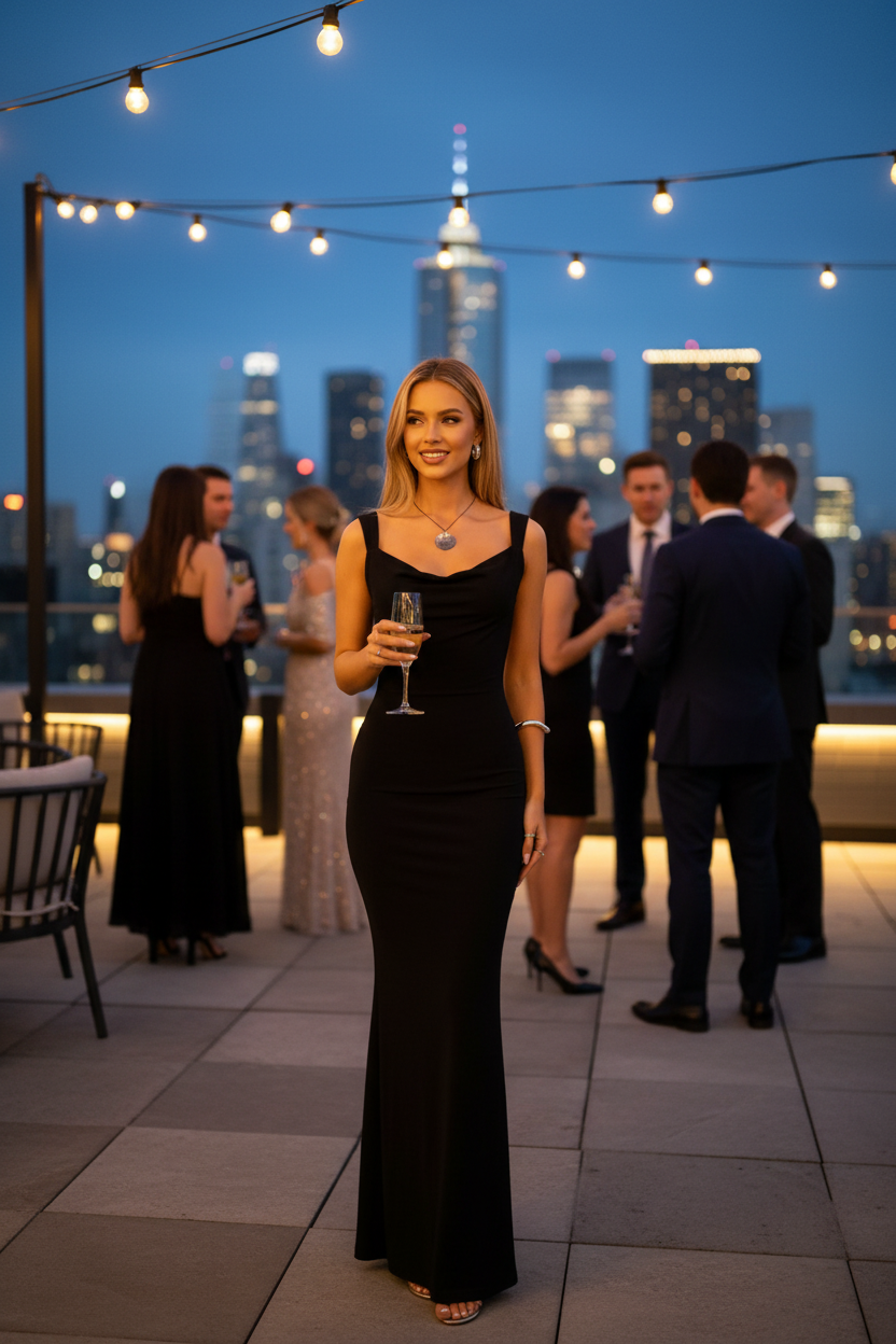 Blonde woman at rooftop restaurant wearing backless maxi dress
