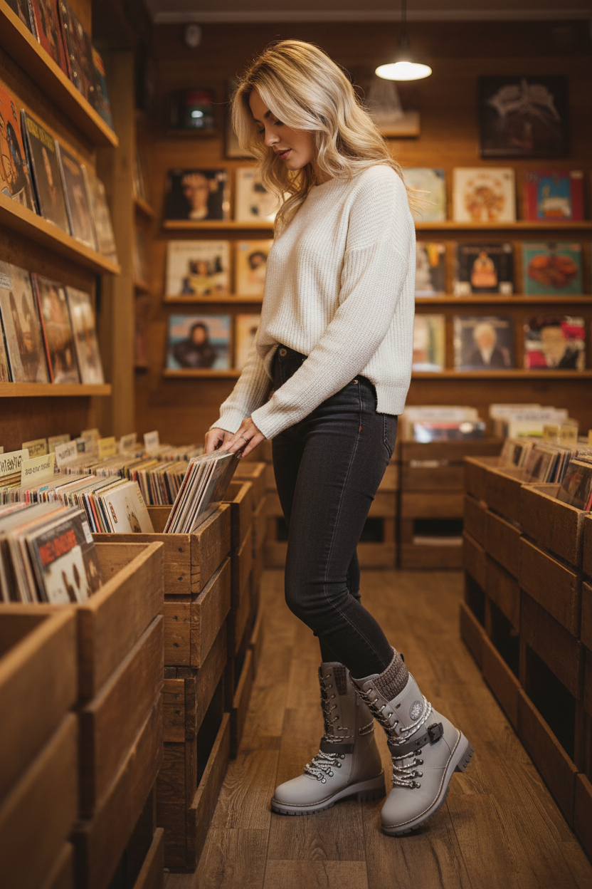 Blonde woman browsing vinyl records - portrait