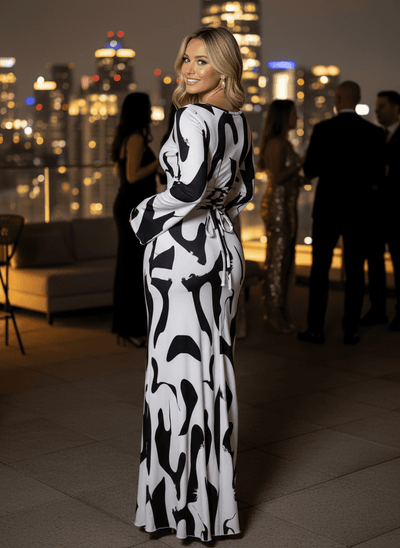 Abstract Print Maxi Dress - Long Sleeve Tie Back Style - Fashions Envy