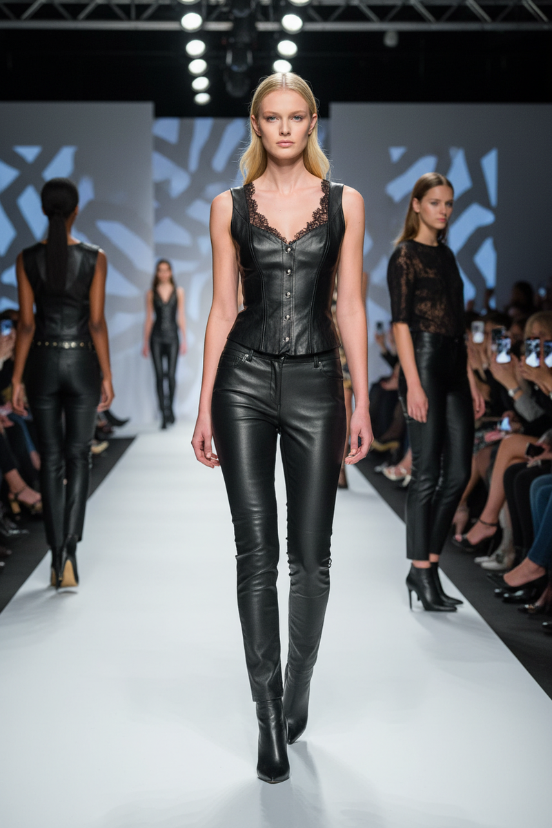 Blonde woman in black faux leather vest at fashion show venue