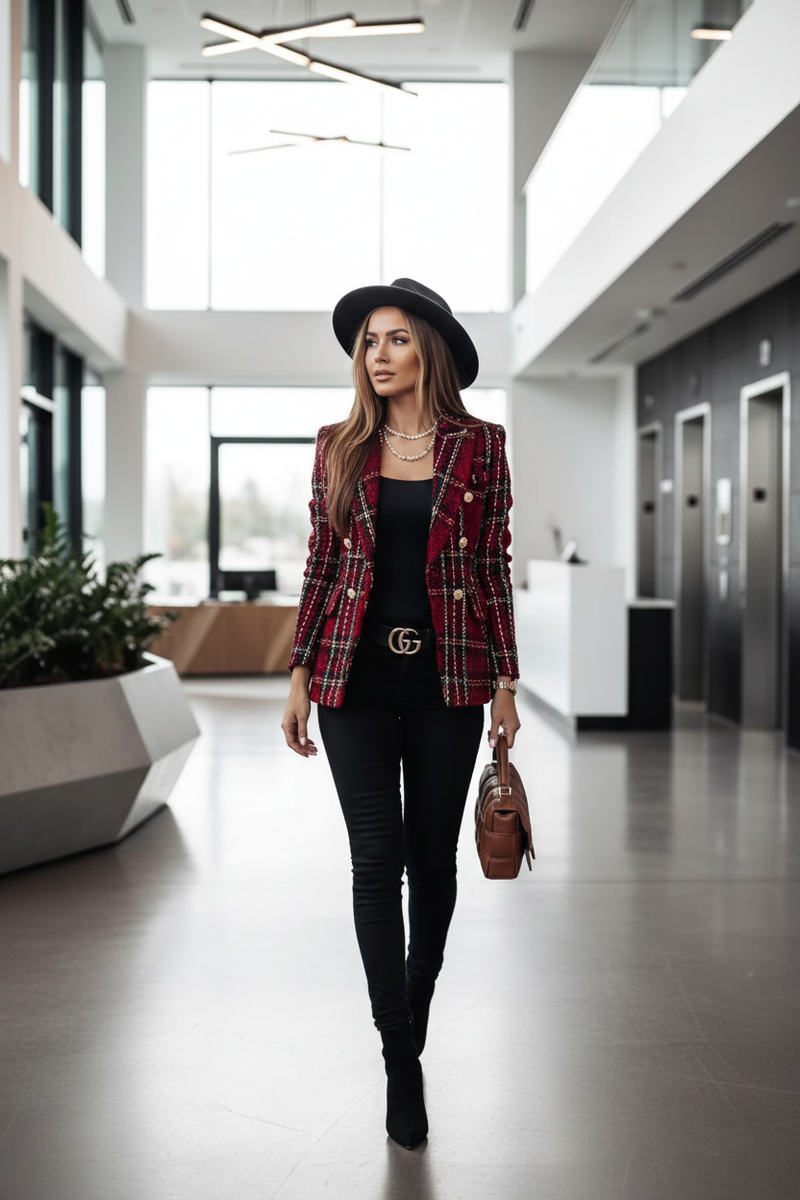 Blonde woman in office lobby wearing plaid tweed blazer