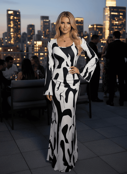 Abstract Print Maxi Dress - Long Sleeve Tie Back Style - Fashions Envy