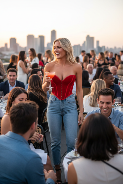 Blonde Woman Rooftop - RED Corset