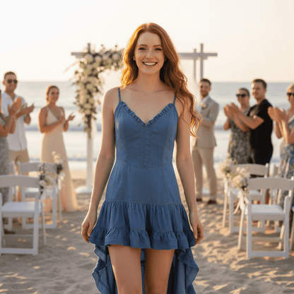 Ruffled High-Low Dress - Crisscross Back Spaghetti Strap - Fashions Envy